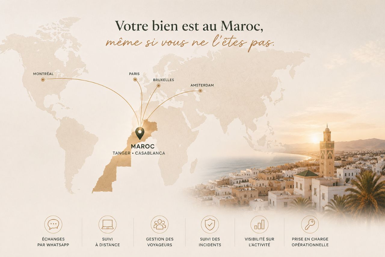 Votre bien est au Maroc, même si vous ne l'êtes pas — WarmBnB accompagne à distance les propriétaires depuis Montréal, Paris, Bruxelles ou Amsterdam, avec des logements exploités à Tanger et Casablanca